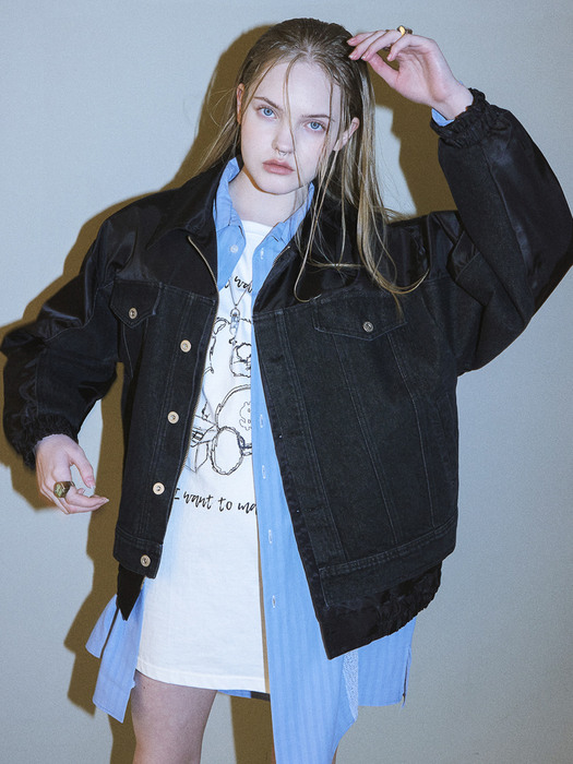 DENIM MIXED MA-1 JACKET - BK