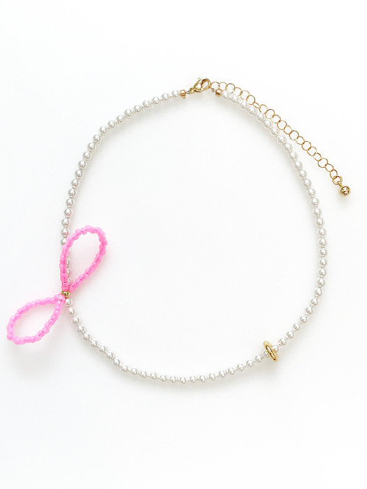 Ribbon Beads Pearl Necklace (Pink)
