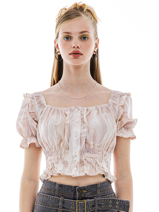 PUFF SLEEVE RUFFLE CROP BLOUSE [IVORY]