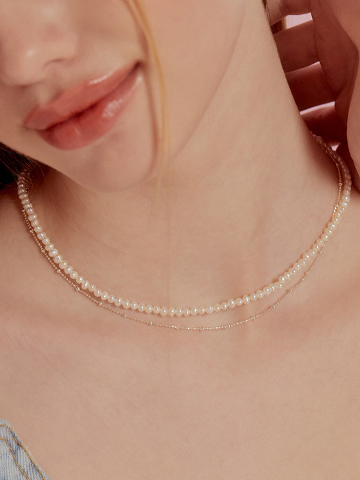 (SET) Classy Fresh Water Pearl+Chic Ball Chain Necklace SE0166