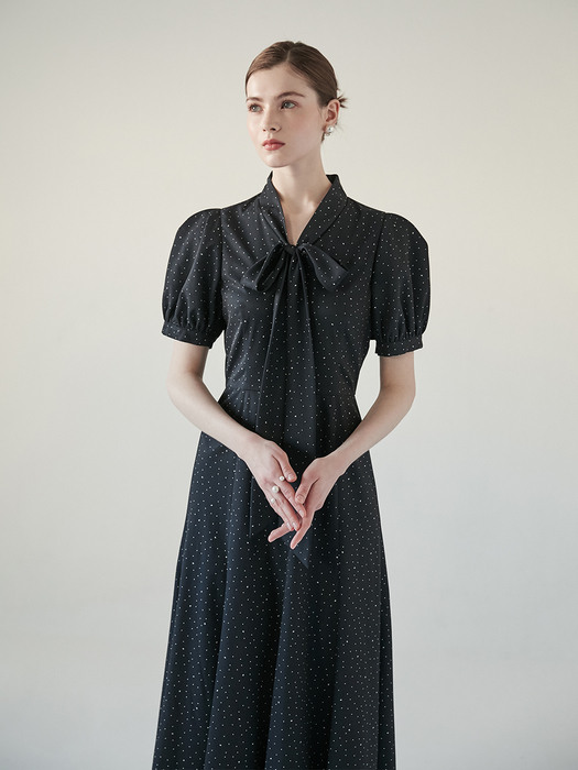 [미전시]KATE Polka dot ribbon tied short sleeve dress (Cream/Deep navy)