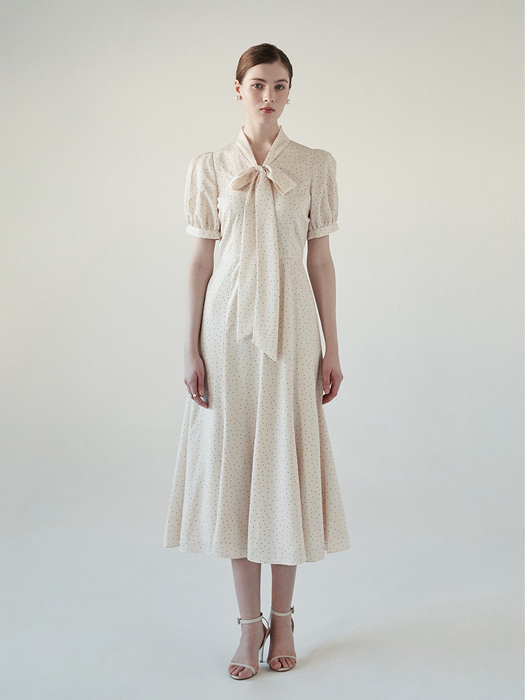 [미전시]KATE Polka dot ribbon tied short sleeve dress (Cream/Deep navy)