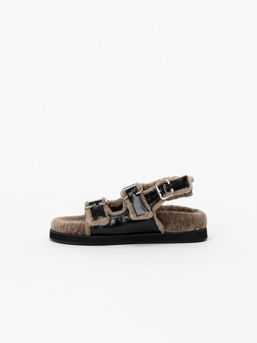 Purna Footbed Shearling Sandals in Wrinkled Black Box with Beige Fur