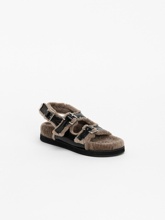 Purna Footbed Shearling Sandals in Wrinkled Black Box with Beige Fur