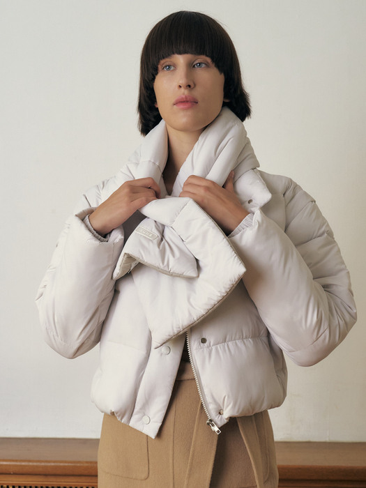 ECO-FRIENDLY CROPPED PUFFER JACKET WITH NECK WARMER, IVORY