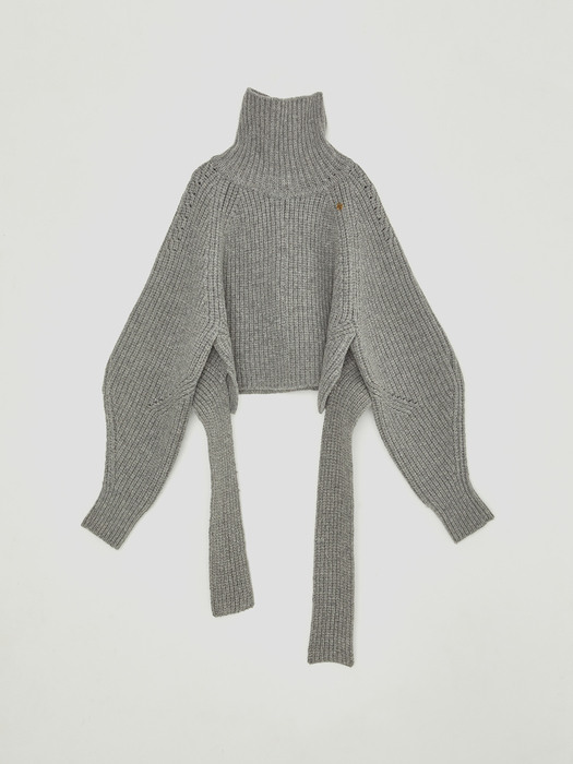 CHUNKY WOOL ROLL NECK CROPPED BELTED SWEATER, GREY