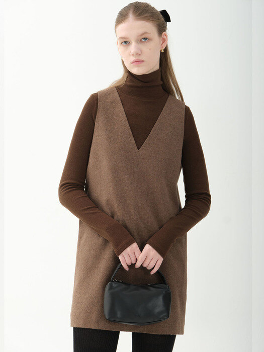 wool blend V-neck mini dress_brown