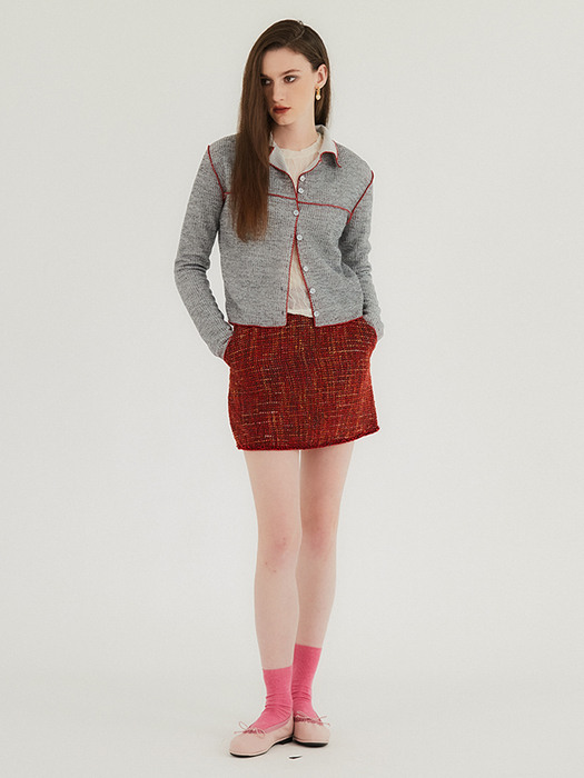 Wool cotton A-line tweed skirt / Red