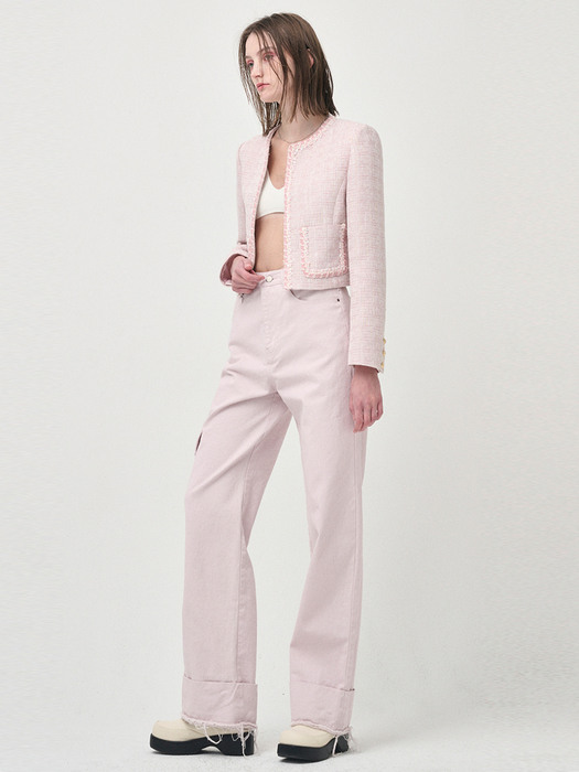 Pocket Denim Turn Up Pants, Pink