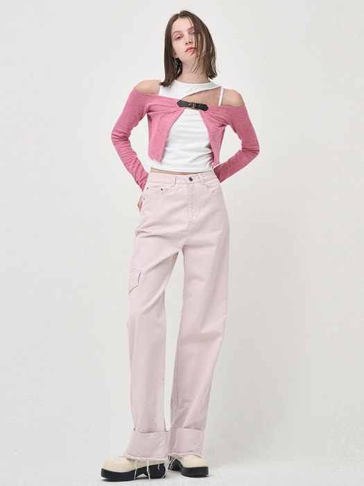 Pocket Denim Turn Up Pants, Pink