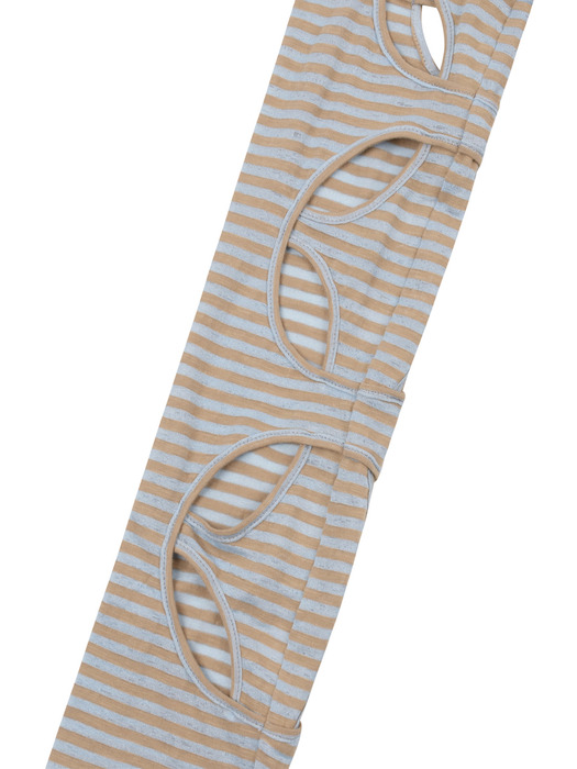 Beige & Rejuvenated Blue Stripe Long Sleeve Cutout Tee		