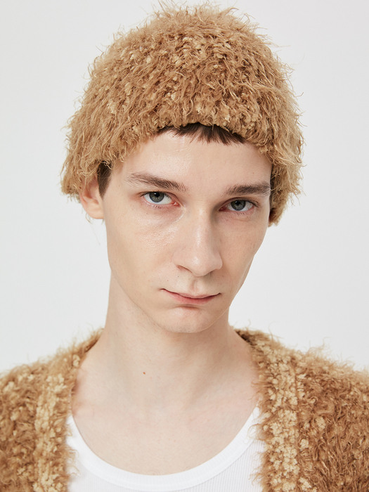 Two Tone Hairy Knit Beanie / Camel