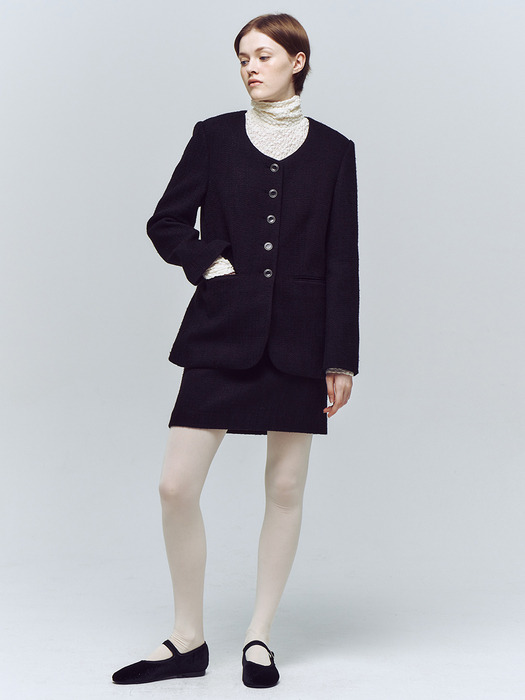 [SET] U-Neck Tweed Jacket & Skirt