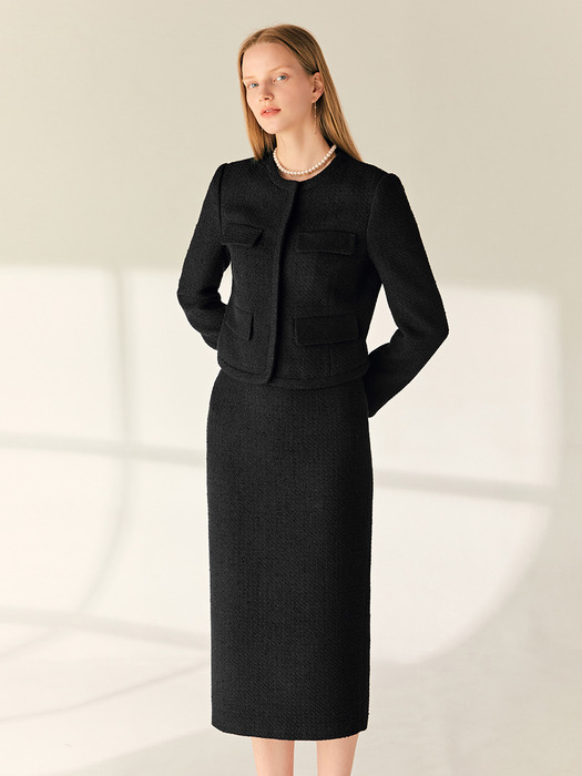 [SET]MAKENZIE Round neck tweed jacket + JULIE H-line tweed long skirt (Black)
