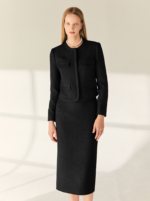 [SET]MAKENZIE Round neck tweed jacket + JULIE H-line tweed long skirt (Black)