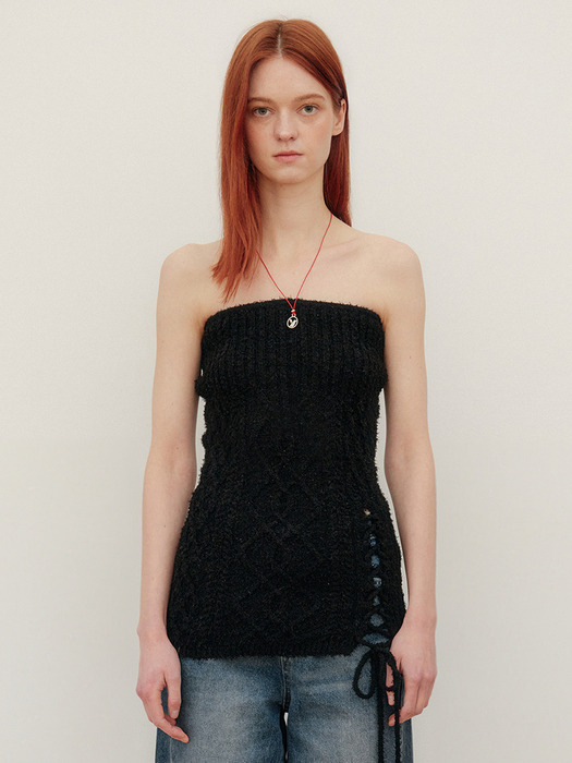 LACE UP BOUCLE KNIT TUBE TOP - BLACK