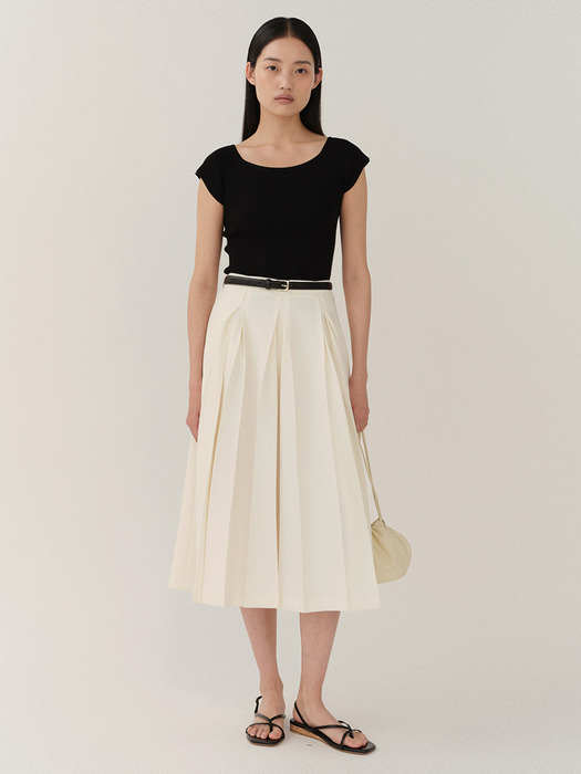 Double Pleats Midi Skirt Cream