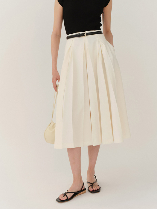 Double Pleats Midi Skirt Cream