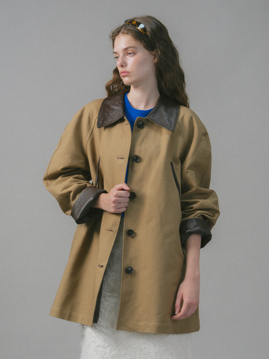 U Manon Leather Half Coat_Khaki Beige