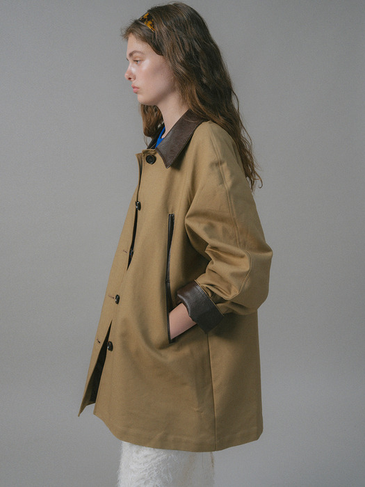 U Manon Leather Half Coat_Khaki Beige