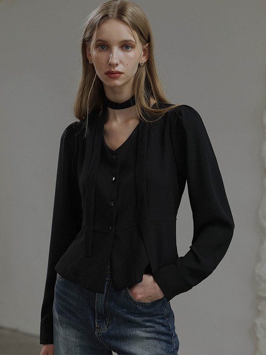 Flare Tie Blouse [Black]