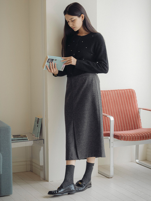 H-line wool blend slit skirt_Charcoal