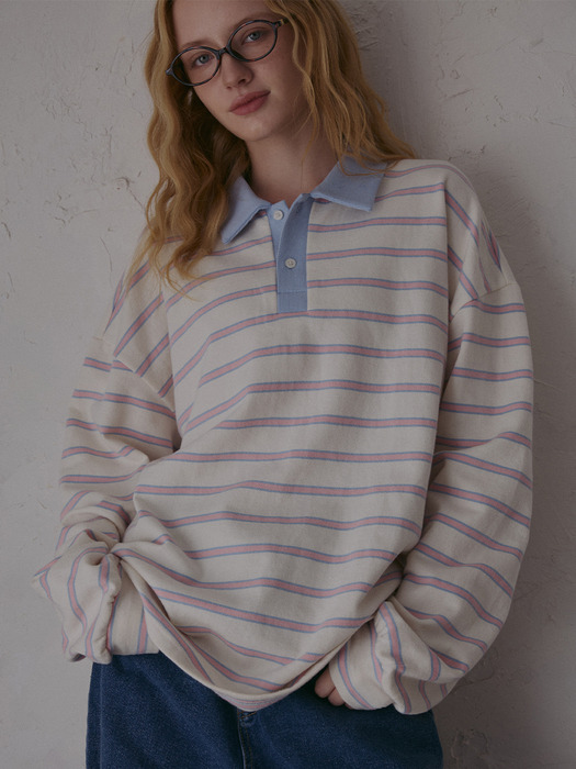 stripe fleece collar shirt-ivory