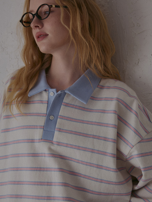 stripe fleece collar shirt-ivory