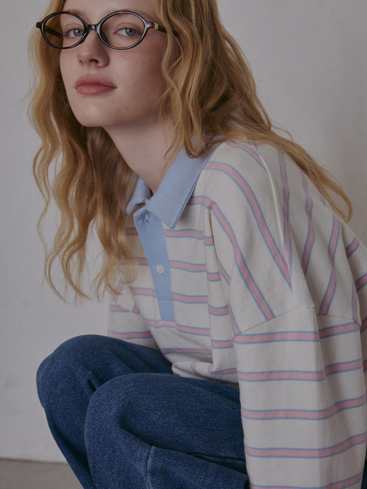 stripe fleece collar shirt-ivory