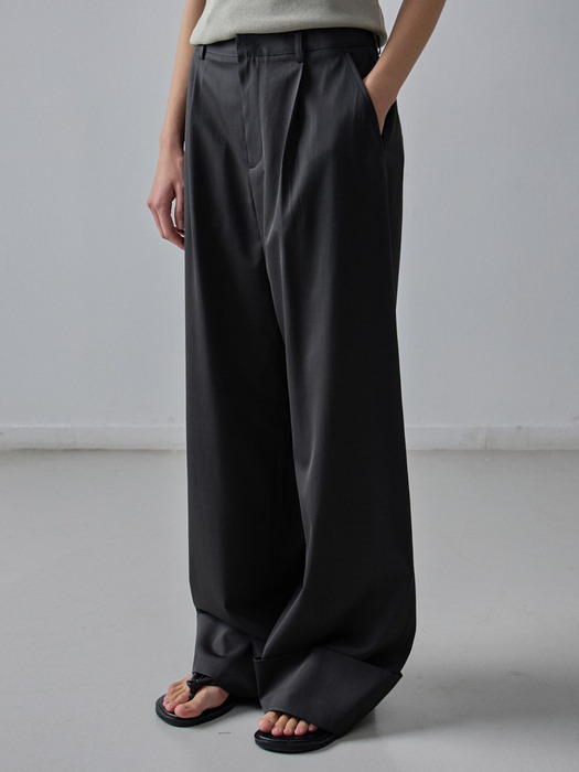 Wide Turn-Up Pants - Dark Charcoal - Image 3