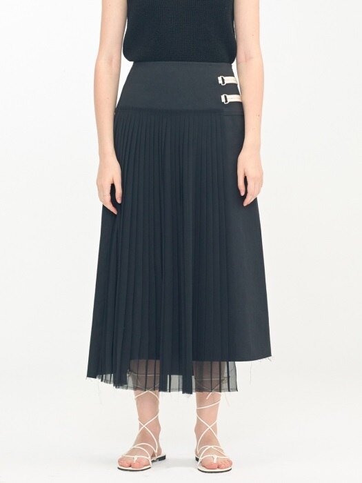 Sheer Pleats Mix Skirt-BK