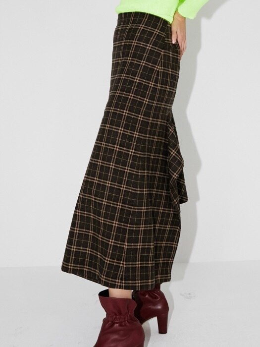 CHECK WOOL PLEATED UNBLANCE SKIRT_BROWN