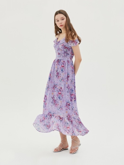 Ink drawing floral print dress (Light purple)