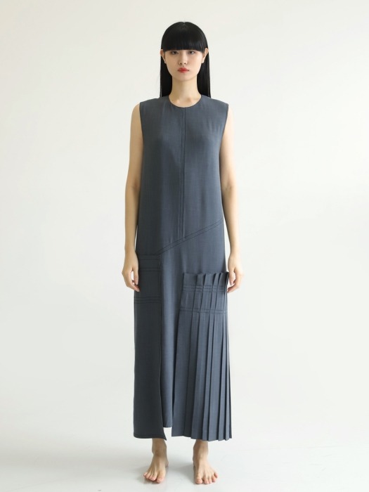 PLEATS LONG DRESS_Gray