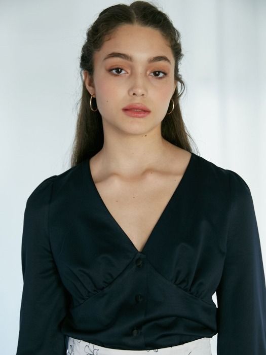 V-neck puff blouse (Dark navy)