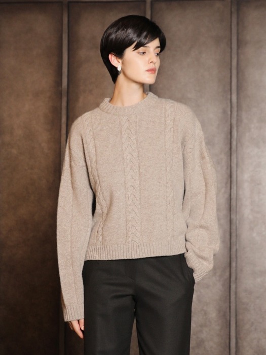 Cashmere round cable sweater_Beige