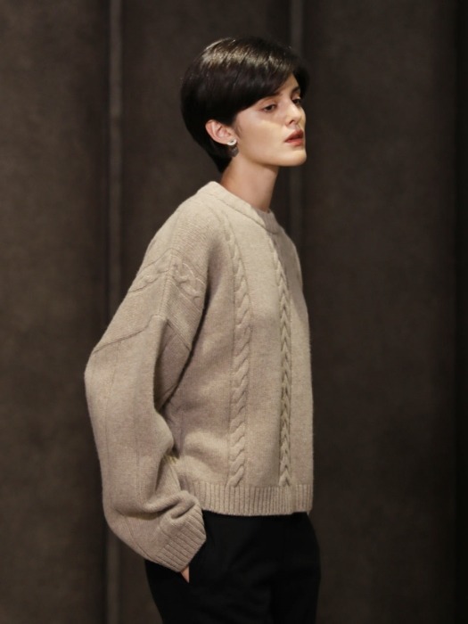 Cashmere round cable sweater_Beige