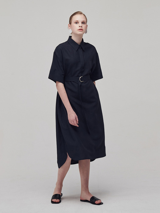 Linen midi shirt dress_Navy