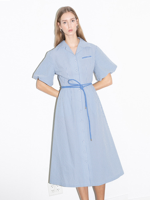 [20SS] LOS FELIZ notched collar balloon short sleeve shirt dress  (Cornflower blue gingham check)