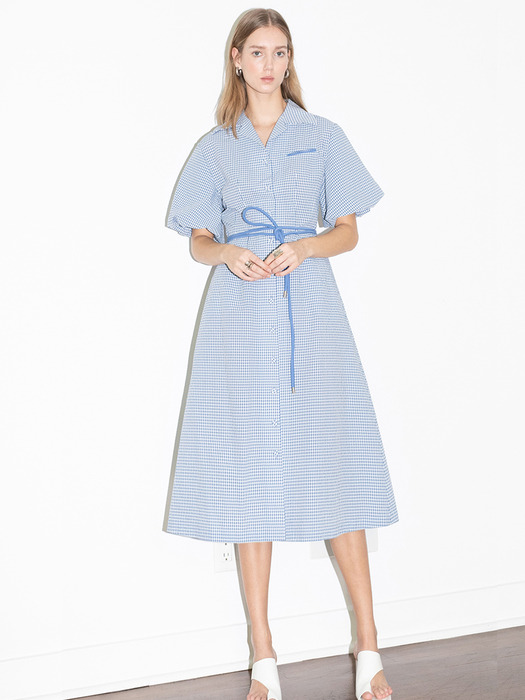 [20SS] LOS FELIZ notched collar balloon short sleeve shirt dress  (Cornflower blue gingham check)