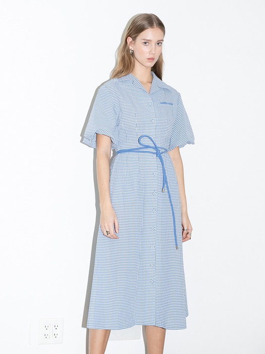 [20SS] LOS FELIZ notched collar balloon short sleeve shirt dress  (Cornflower blue gingham check)