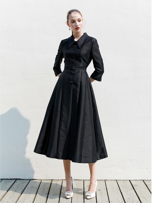 [미전시]VIOLET Three-quarter sleeve button-down belt detail Long dress (Black)