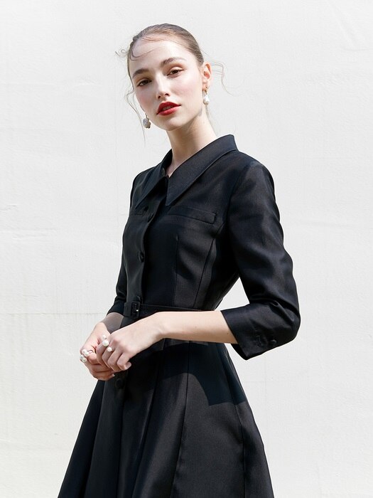 [미전시]VIOLET Three-quarter sleeve button-down belt detail Long dress (Black)