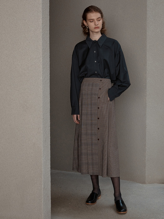 [Day-Wool] Oversized Hidden Panel Shirt + Pleated Check Midi Skirt SET