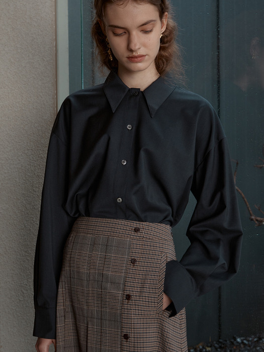 [Day-Wool] Oversized Hidden Panel Shirt + Pleated Check Midi Skirt SET