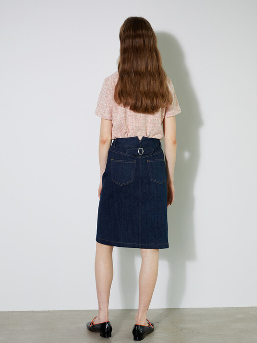 slit-front denim skirt with buckle_deep blue