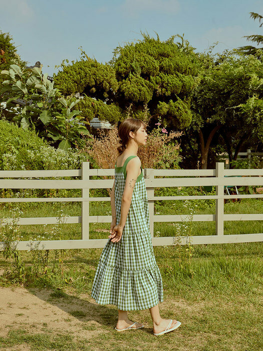 summer check sleeveless long dress(green)