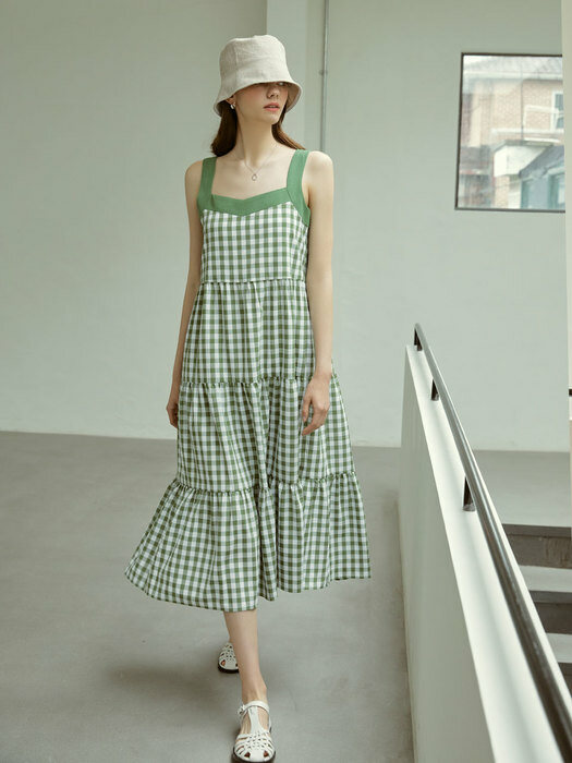summer check sleeveless long dress(green)