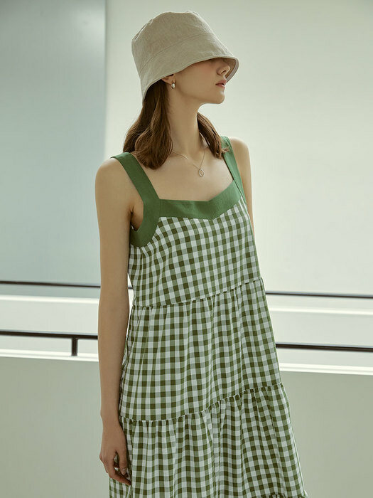 summer check sleeveless long dress(green)