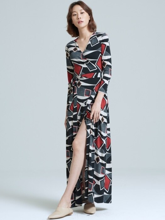 Print Maxi Wrap Dress-Multi Print